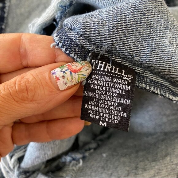 NEW THRILL Destroyed Long Denim Jacket Sz M - Picture 10 of 15